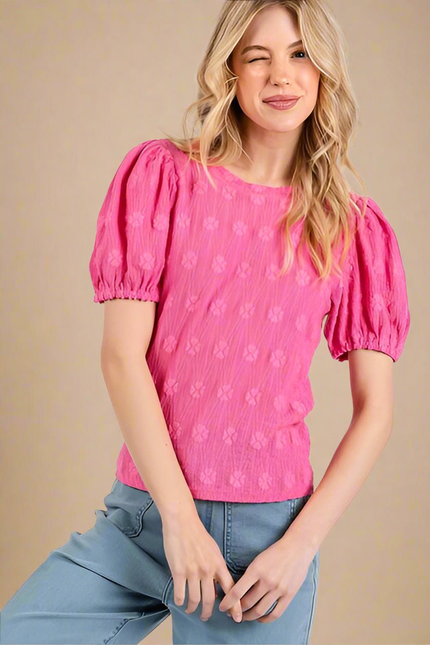 Mittoshop - Hot Pink Floral Jacquard Short Sleeve Top
