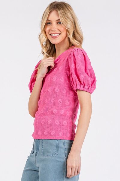 Mittoshop - Hot Pink Floral Jacquard Short Sleeve Top