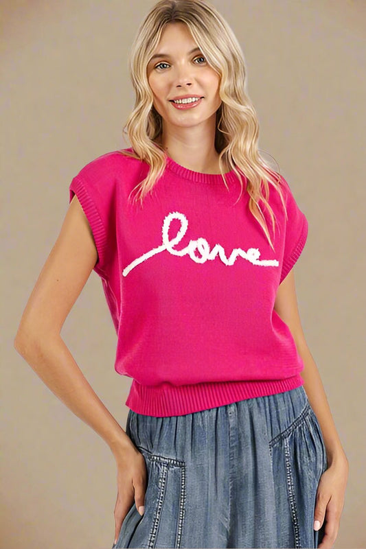 Mittoshop - Hot Pink LOVE Cap Sleeve Knit Top