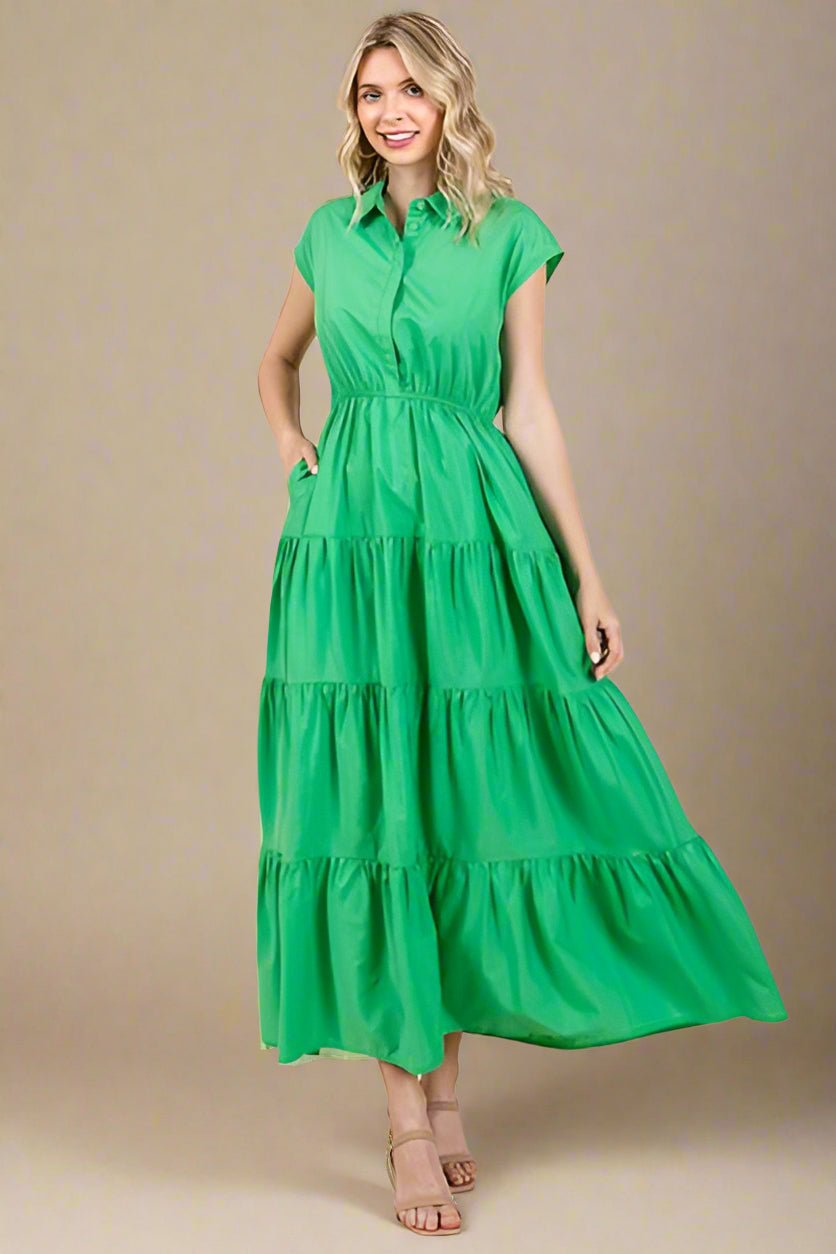 Mittoshop - Kelly Green Tiered Maxi Shirt Dress