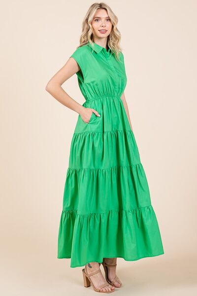 Mittoshop - Kelly Green Tiered Maxi Shirt Dress