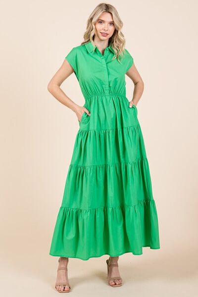 Mittoshop - Kelly Green Tiered Maxi Shirt Dress