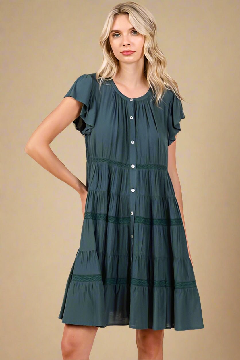 Mittoshop - Lace Detail Tiered Mini Dress in Deep Teal