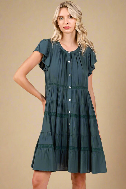 Mittoshop - Lace Detail Tiered Mini Dress in Deep Teal