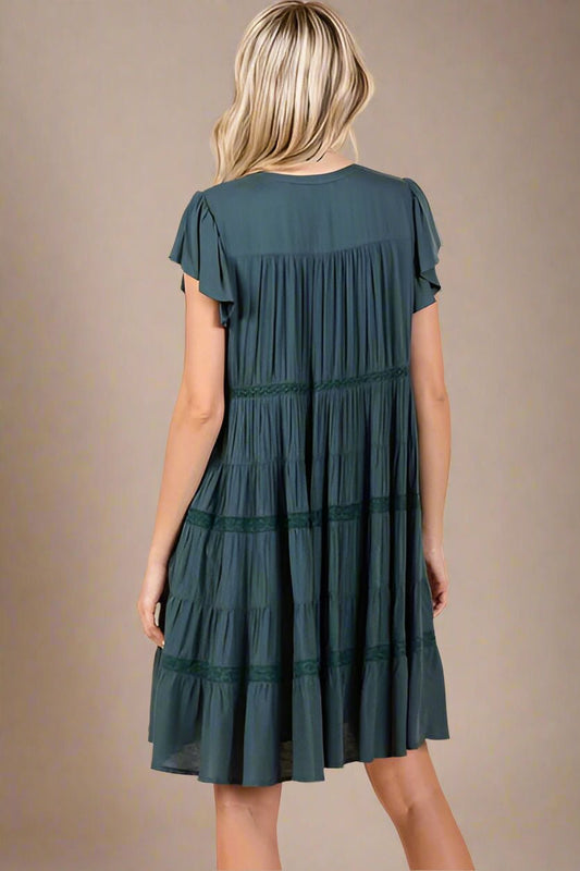 Mittoshop - Lace Detail Tiered Mini Dress in Deep Teal