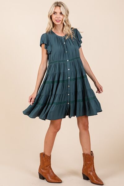 Mittoshop - Lace Detail Tiered Mini Dress in Deep Teal