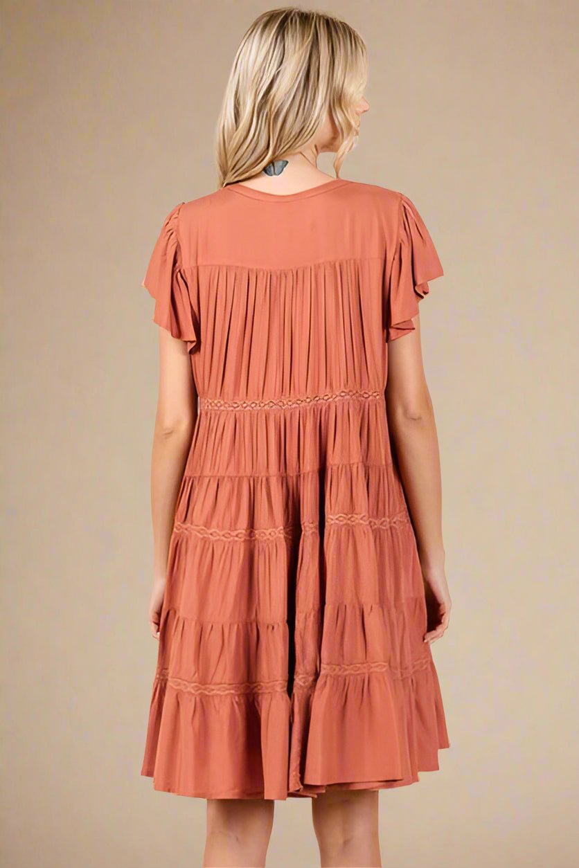 Mittoshop - Lace Detail Tiered Mini Dress in Pumpkin