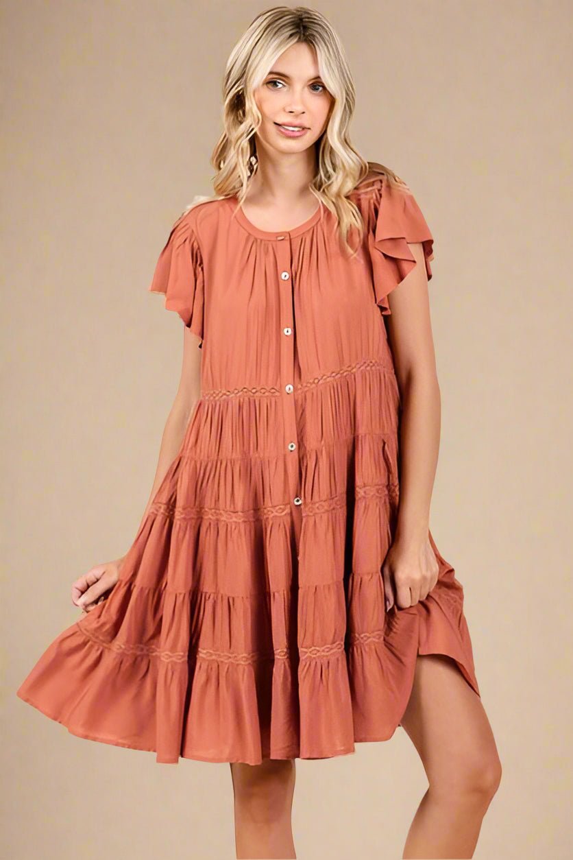 Mittoshop - Lace Detail Tiered Mini Dress in Pumpkin