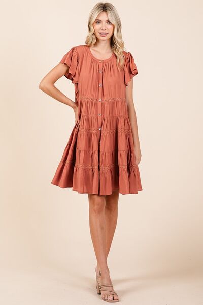 Mittoshop - Lace Detail Tiered Mini Dress in Pumpkin