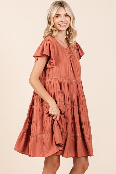 Mittoshop - Lace Detail Tiered Mini Dress in Pumpkin
