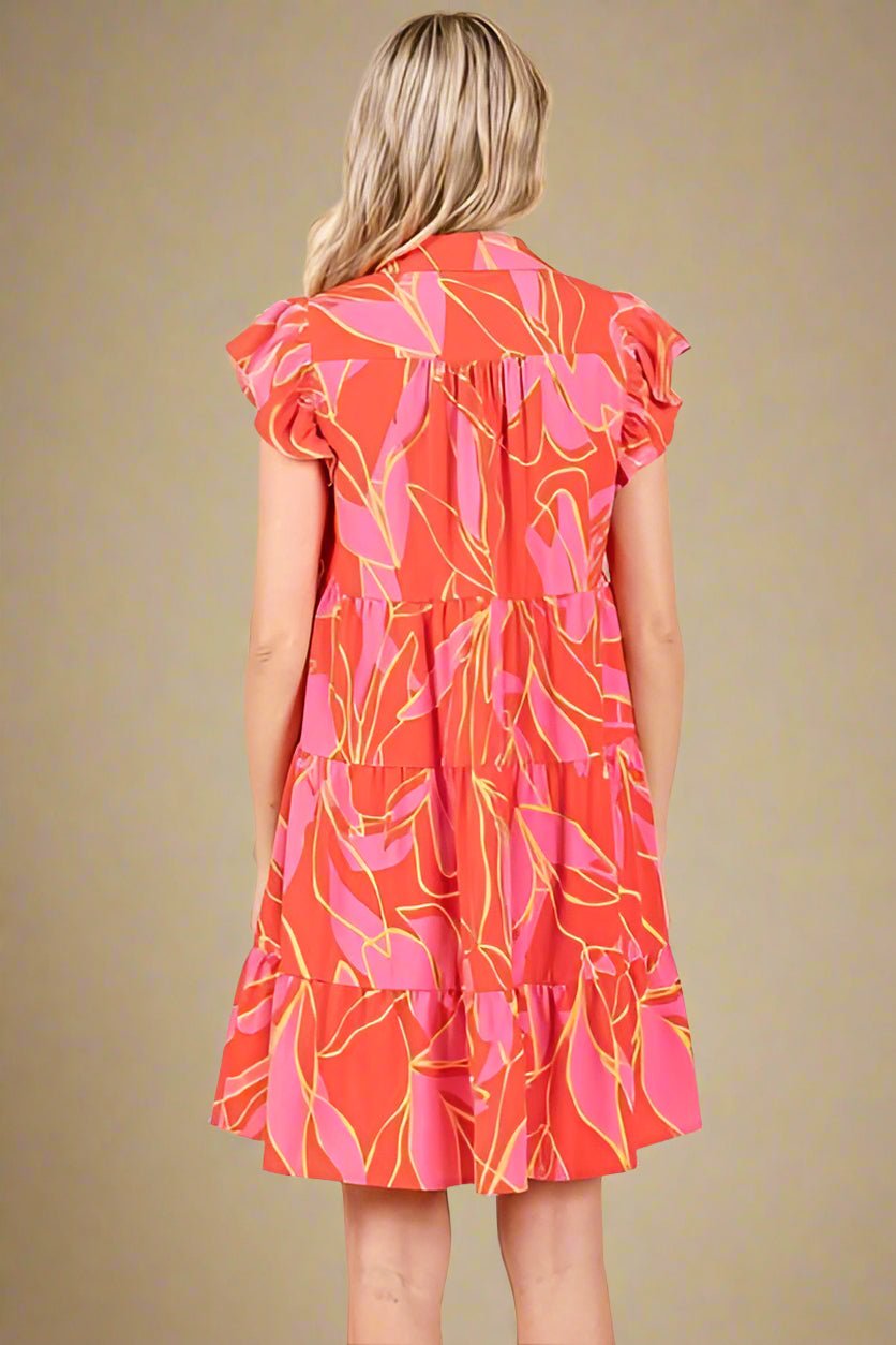 Mittoshop - Leaf Print Ruffle Sleeve Tiered Mini Dress in Coral