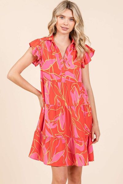 Mittoshop - Leaf Print Ruffle Sleeve Tiered Mini Dress in Coral