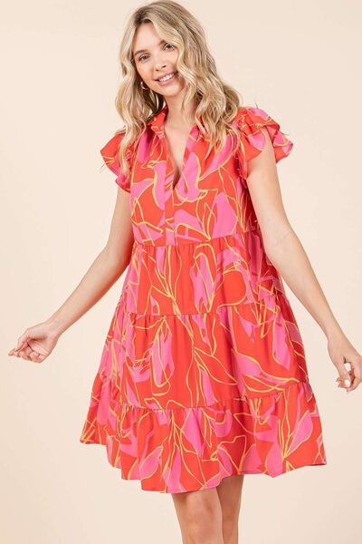 Mittoshop - Leaf Print Ruffle Sleeve Tiered Mini Dress in Coral