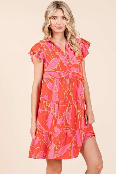 Mittoshop - Leaf Print Ruffle Sleeve Tiered Mini Dress in Coral