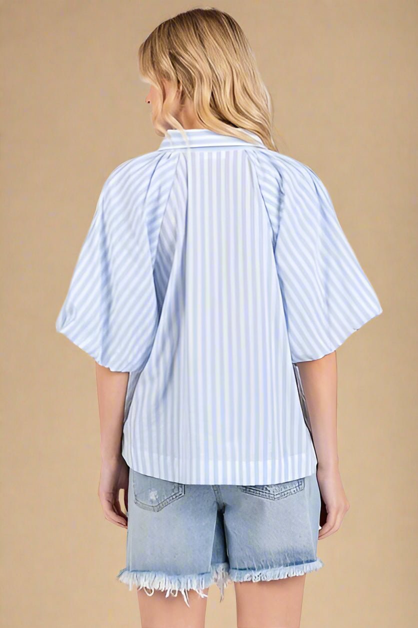Mittoshop - Light Blue Striped Puff Sleeve Shirt