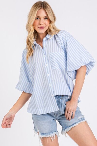 Mittoshop - Light Blue Striped Puff Sleeve Shirt