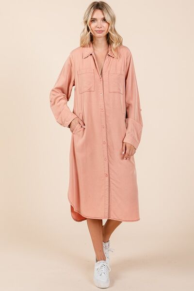 Mittoshop - Long Sleeve Midi Shirt Dress in Burnt Coral