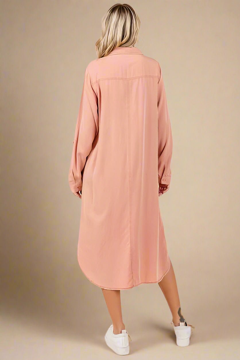 Mittoshop - Long Sleeve Midi Shirt Dress in Burnt Coral