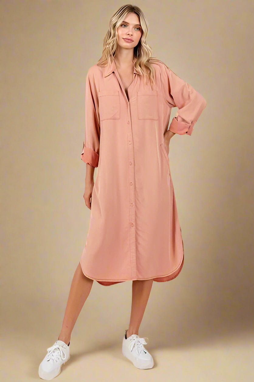 Mittoshop - Long Sleeve Midi Shirt Dress in Burnt Coral