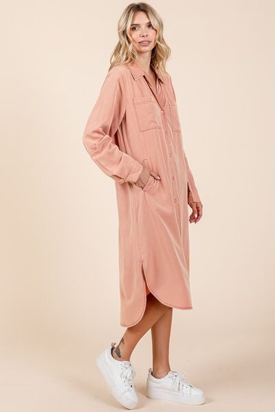 Mittoshop - Long Sleeve Midi Shirt Dress in Burnt Coral