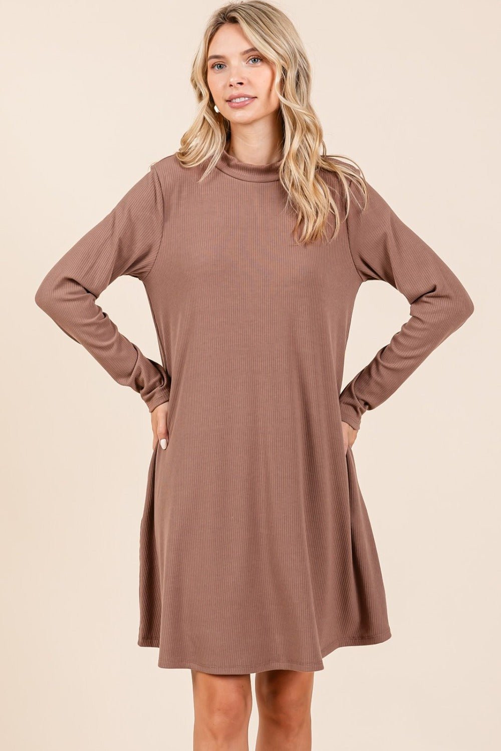 Mittoshop - Long Sleeve Mini Dress with Pockets in Cocoa