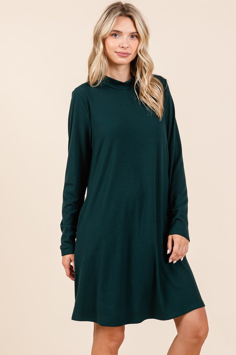 Mittoshop - Long Sleeve Mini Dress with Pockets in Hunter Green