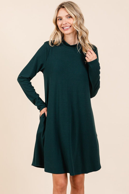 Mittoshop - Long Sleeve Mini Dress with Pockets in Hunter Green