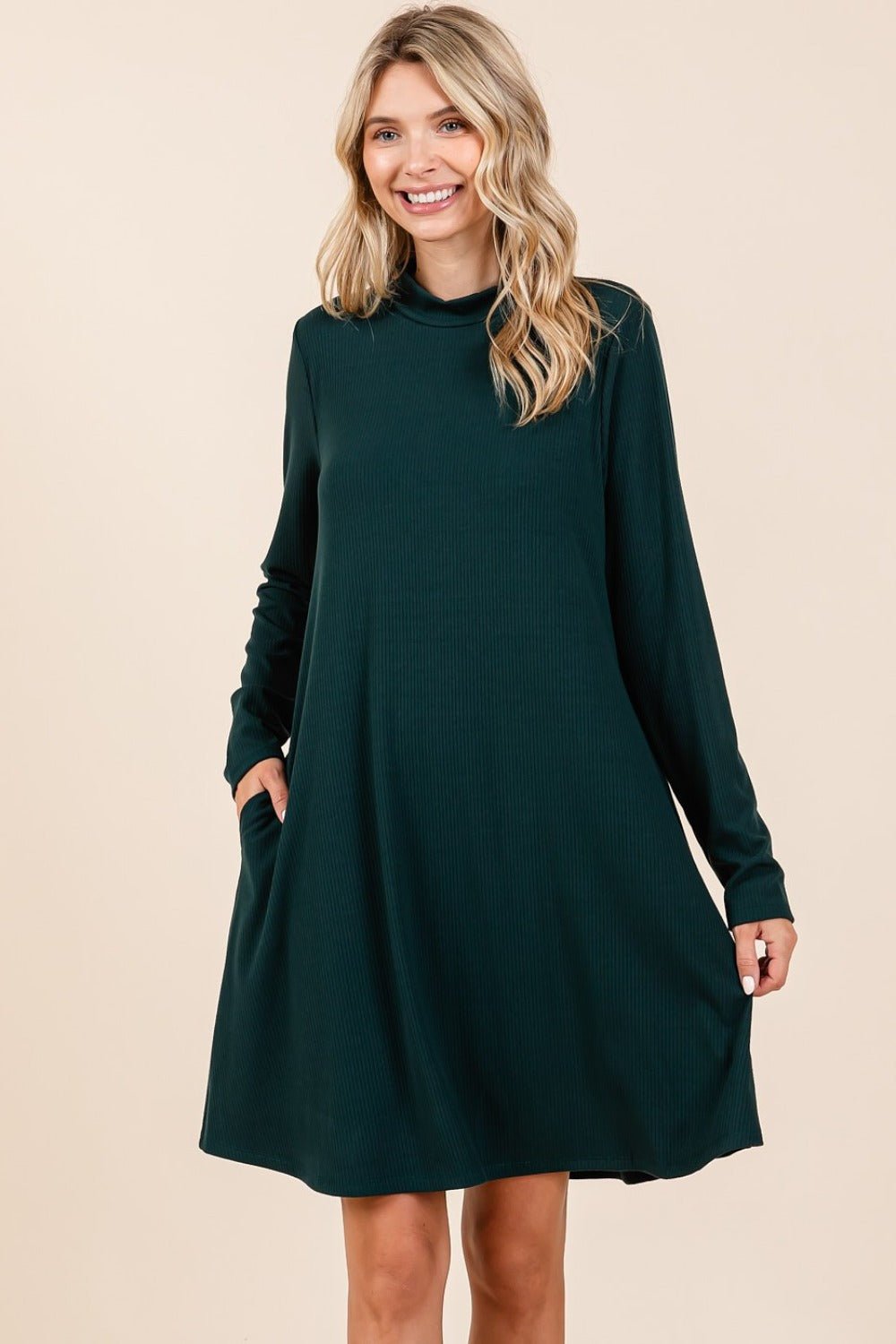 Mittoshop - Long Sleeve Mini Dress with Pockets in Hunter Green