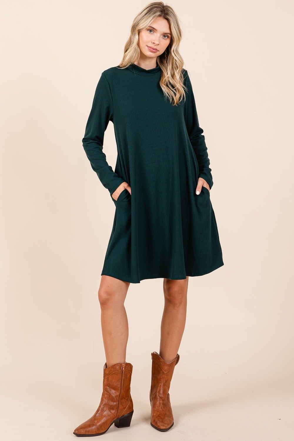 Mittoshop - Long Sleeve Mini Dress with Pockets in Hunter Green