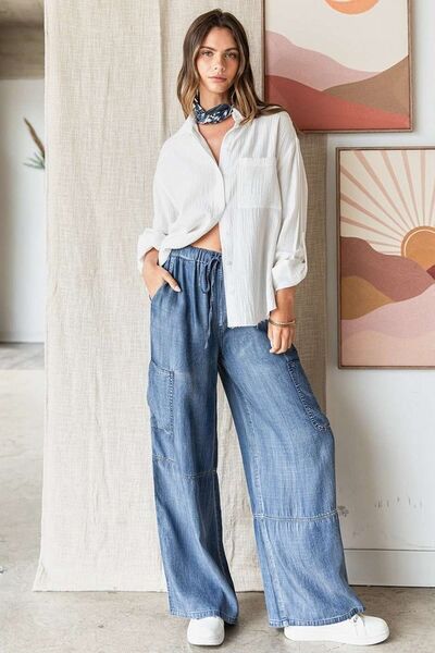 Mittoshop - Medium Wash Wide Leg Cargo Pants