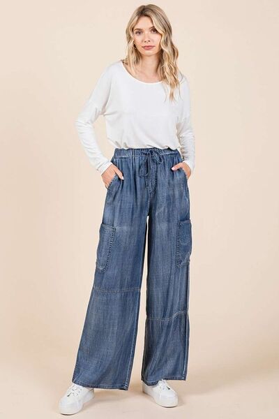Mittoshop - Medium Wash Wide Leg Cargo Pants