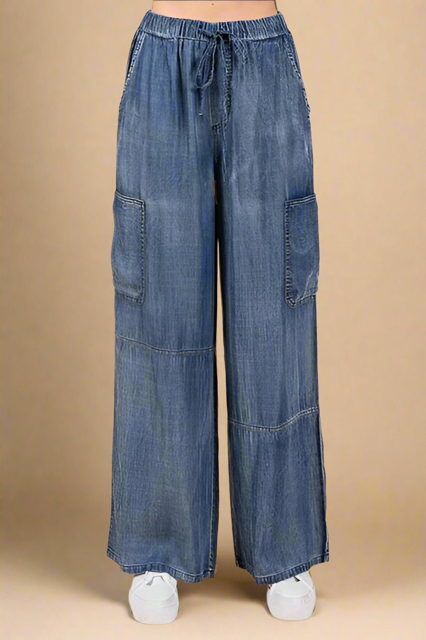 Mittoshop - Medium Wash Wide Leg Cargo Pants