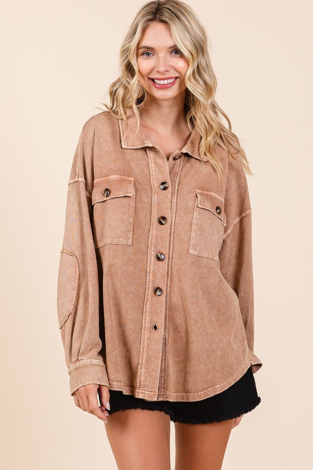 Mittoshop - Mineral Wash French Terry Shacket in Camel