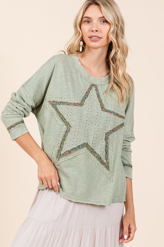 Mittoshop - Mineral Wash Star Patch Long Sleeve T-Shirt in Sage