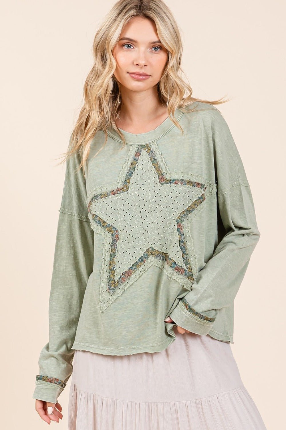 Mittoshop - Mineral Wash Star Patch Long Sleeve T-Shirt in Sage