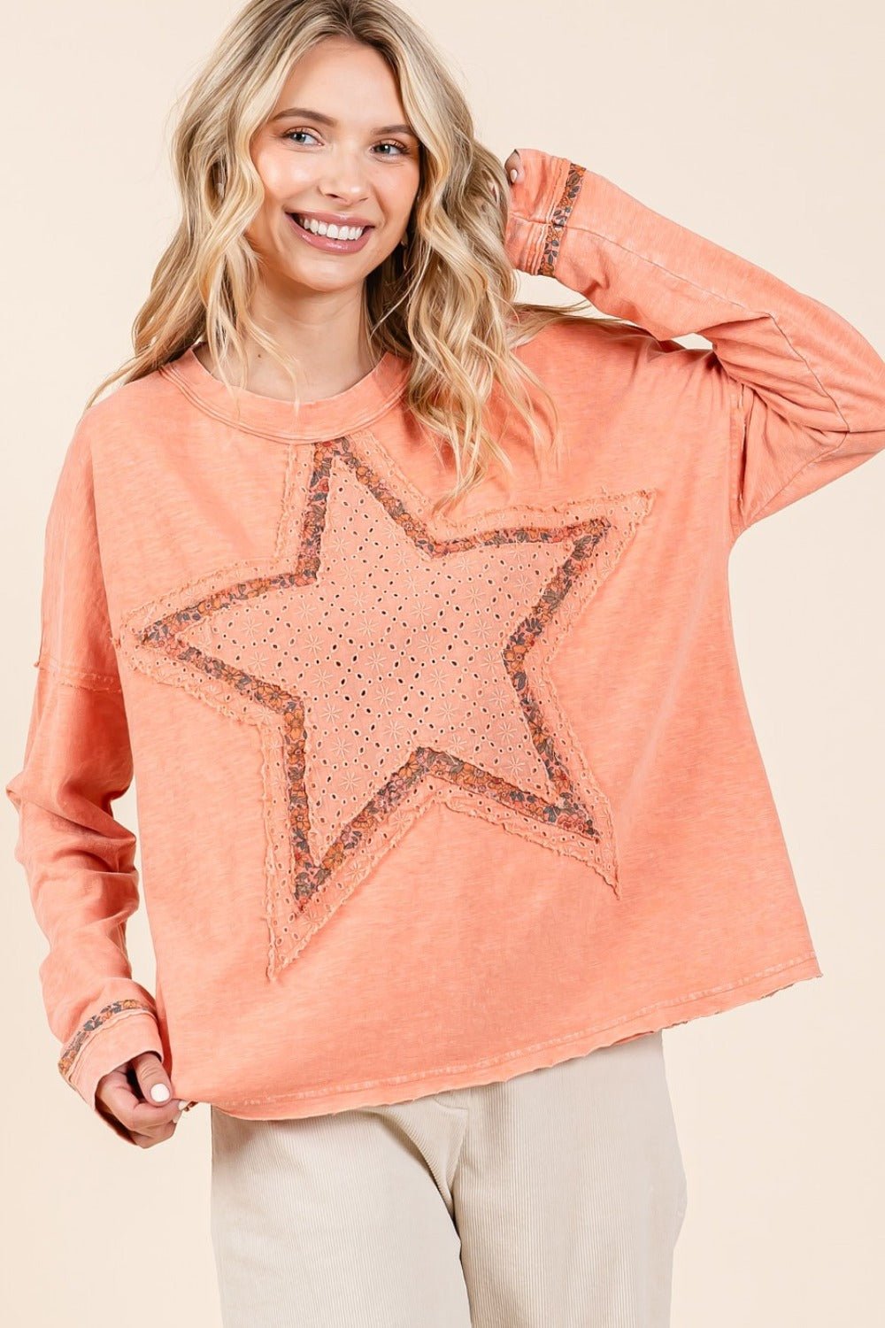 Mittoshop - Mineral Wash Star Patch T-Shirt in Coral Cream