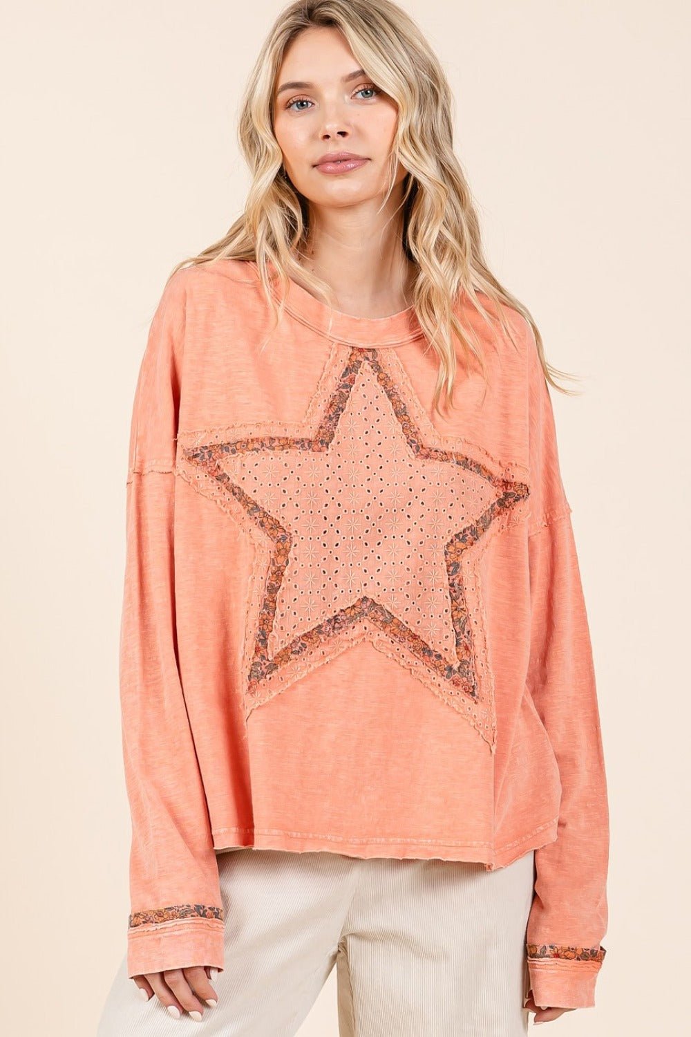 Mittoshop - Mineral Wash Star Patch T-Shirt in Coral Cream