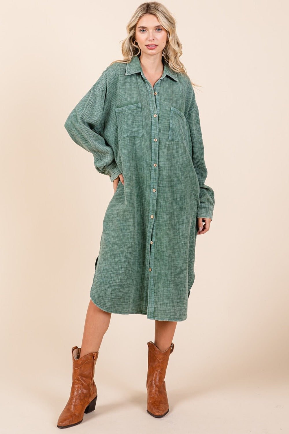 Mittoshop - Mineral Washed Cotton Gauze Midi Shirt Dress in Pine