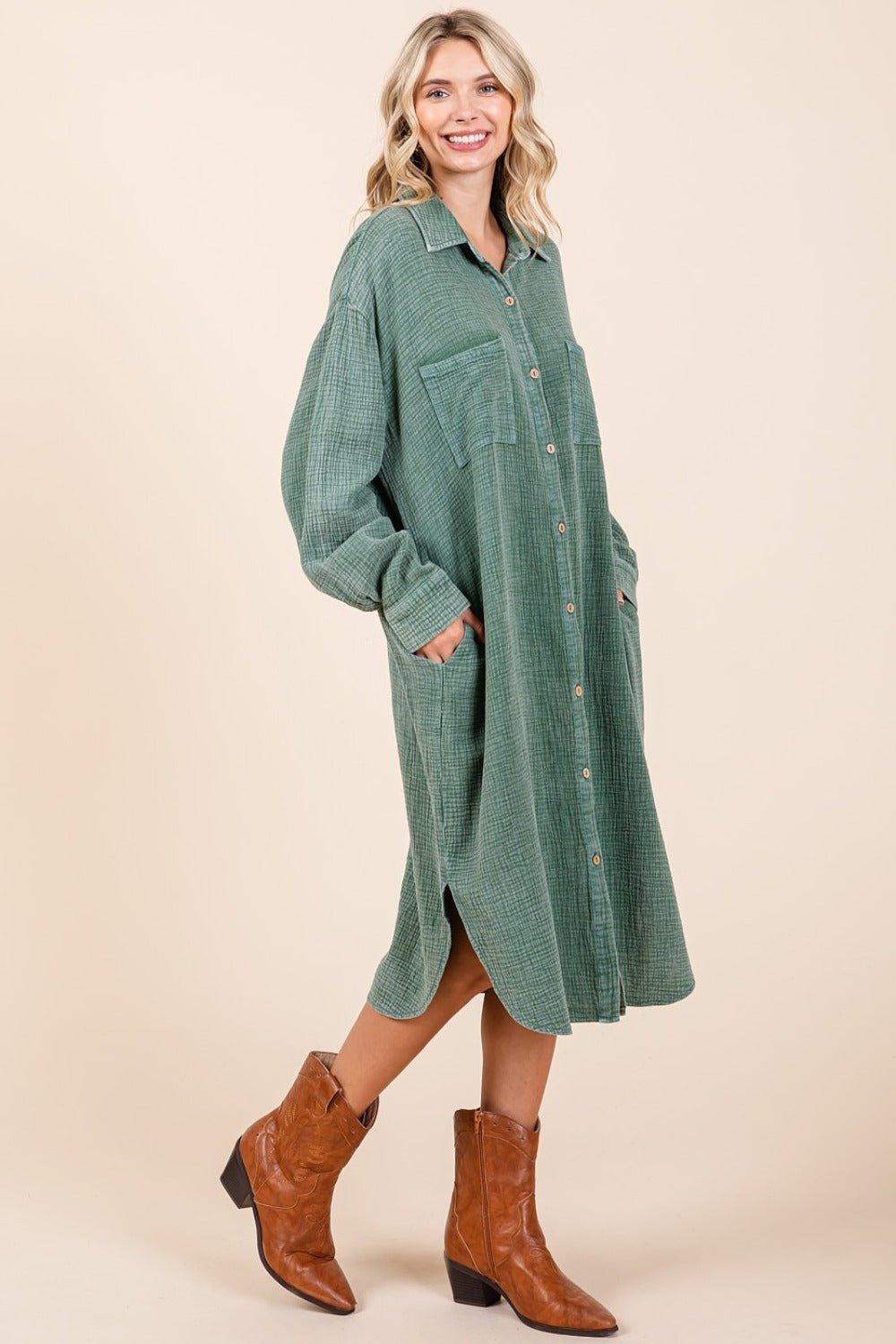 Mittoshop - Mineral Washed Cotton Gauze Midi Shirt Dress in Pine