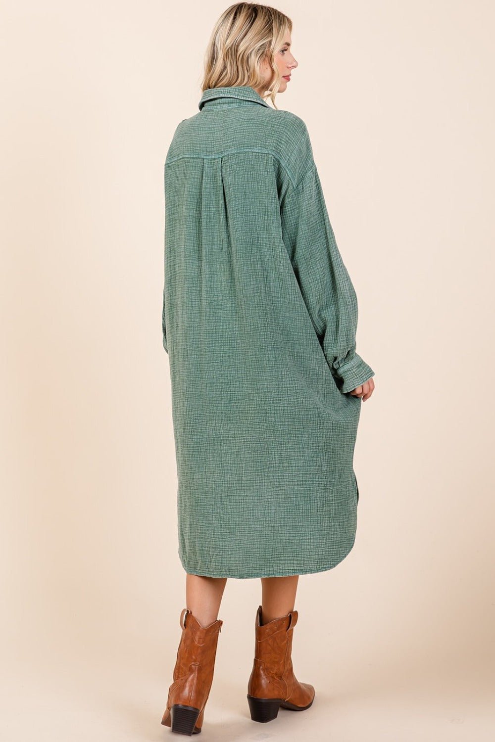 Mittoshop - Mineral Washed Cotton Gauze Midi Shirt Dress in Pine