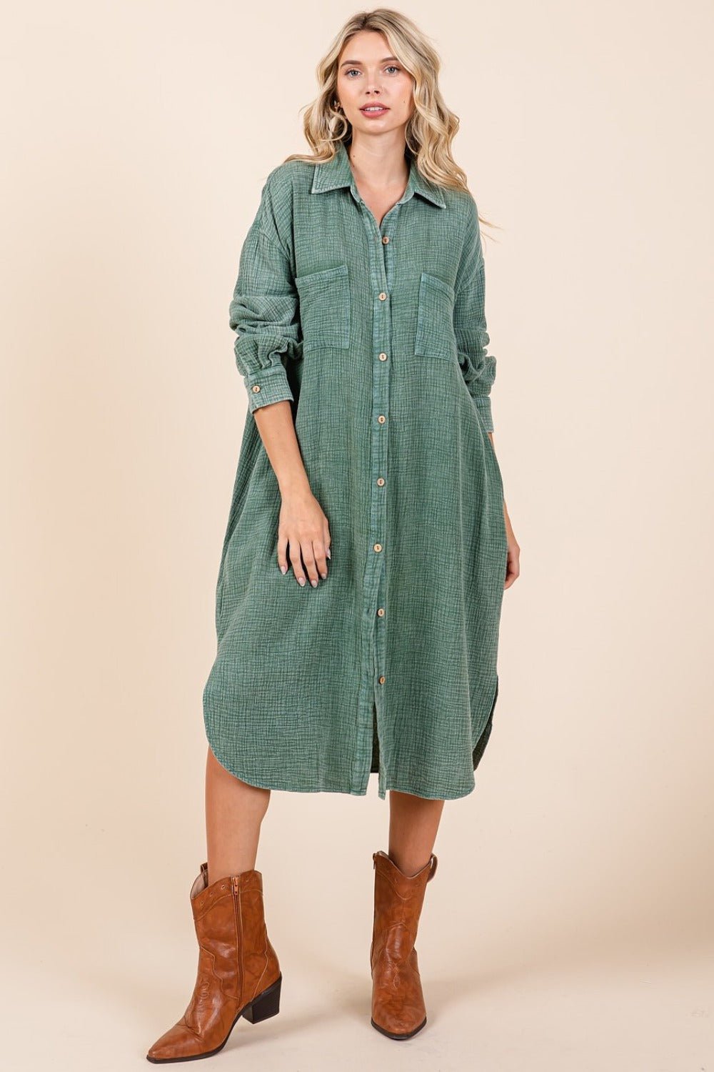 Mittoshop - Mineral Washed Cotton Gauze Midi Shirt Dress in Pine