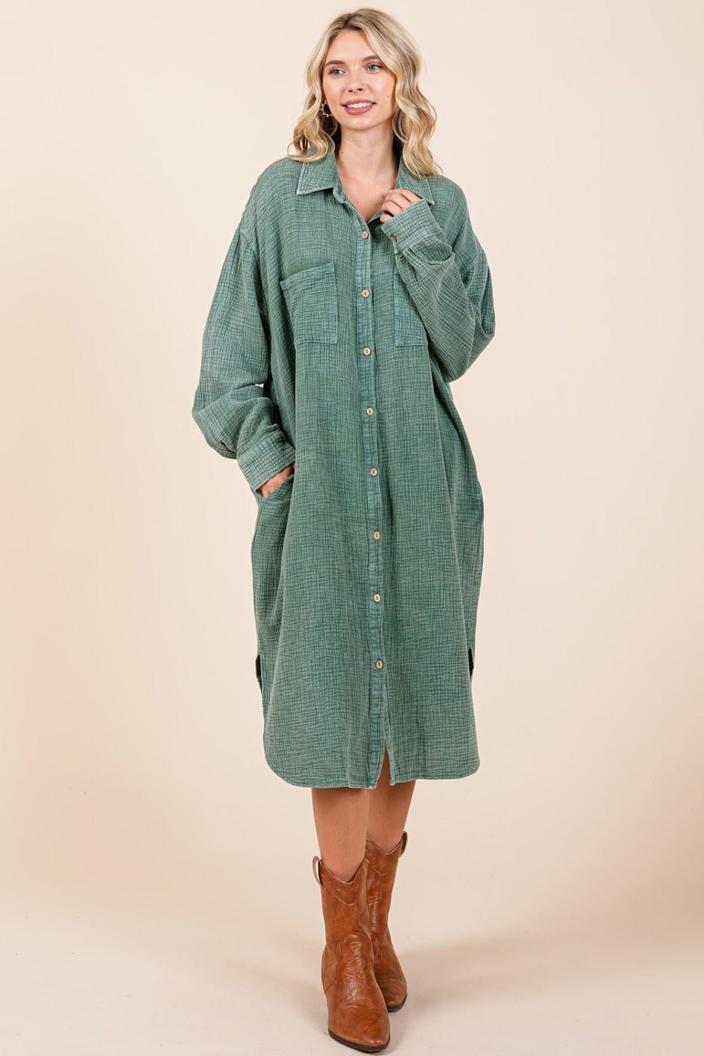 Mittoshop - Mineral Washed Cotton Gauze Midi Shirt Dress in Pine