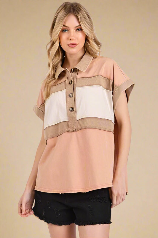 Mittoshop - Mineral Washed Half Button Top in Apricot