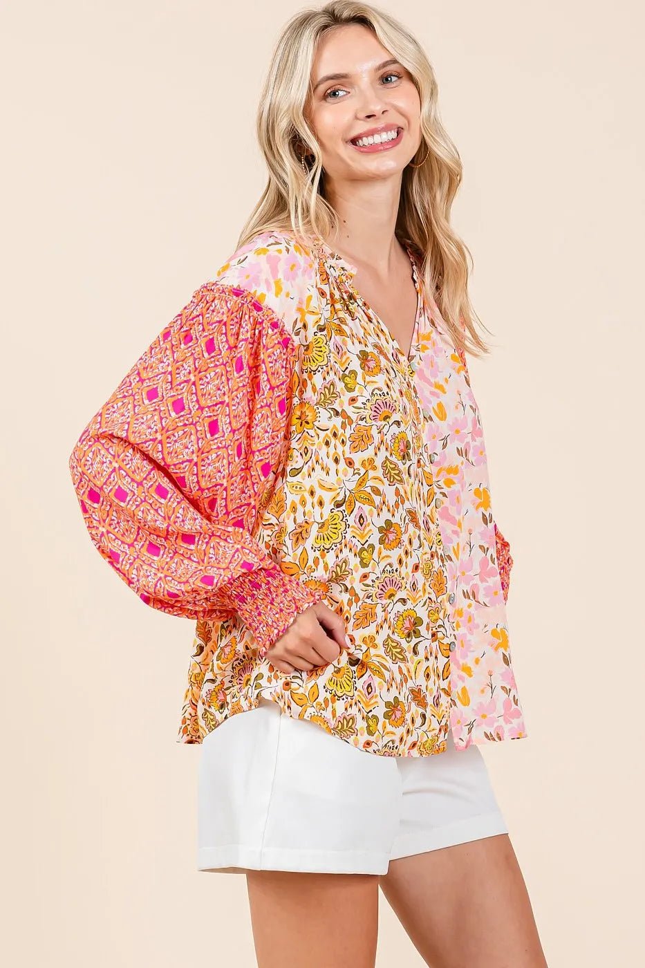 Mittoshop - Mixed Print Boho Blouse – Pink & Orange Patchwork