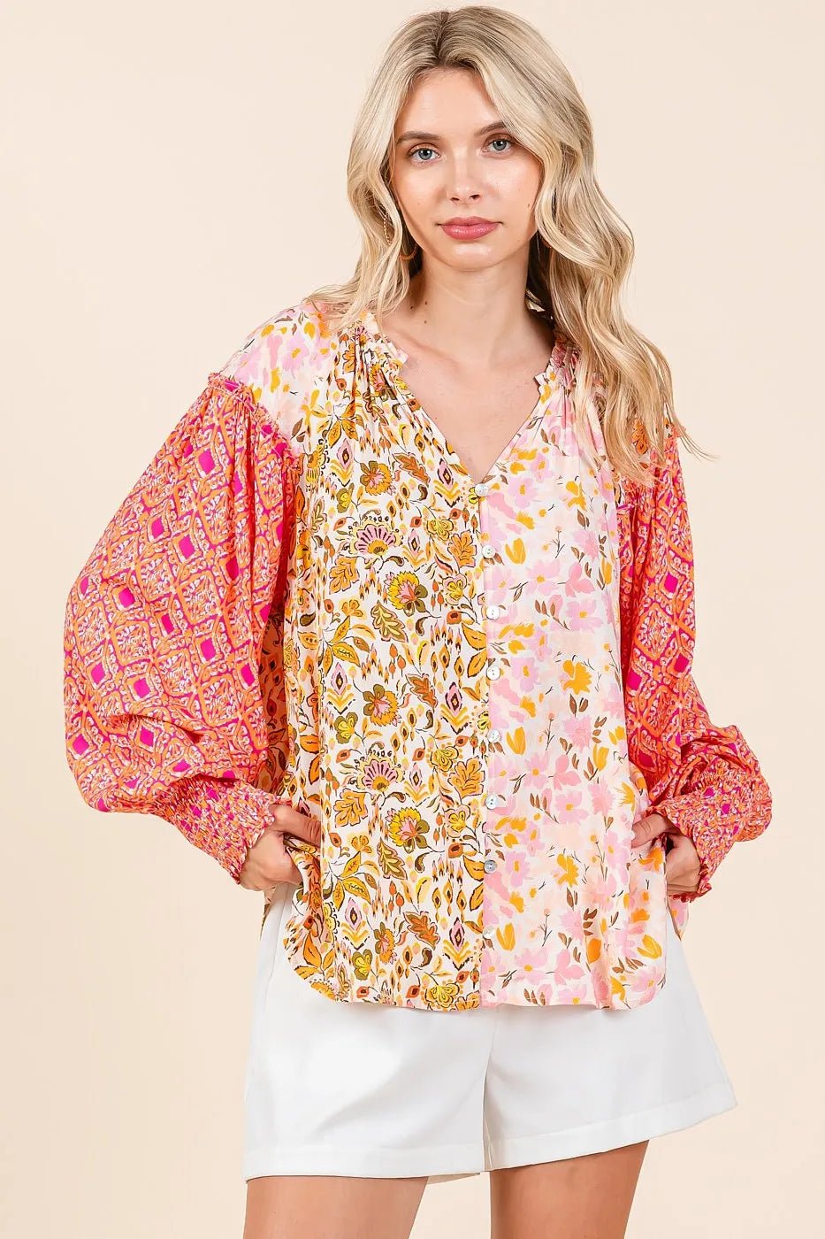 Mittoshop - Mixed Print Boho Blouse – Pink & Orange Patchwork
