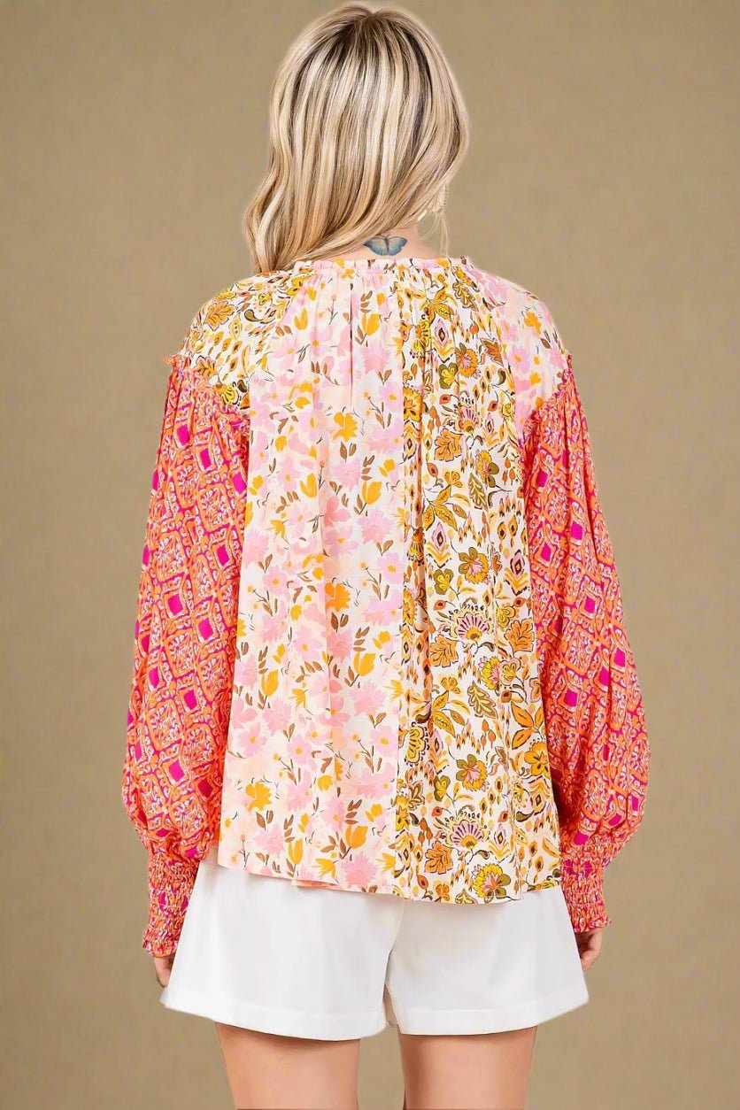 Mittoshop - Mixed Print Boho Blouse – Pink & Orange Patchwork