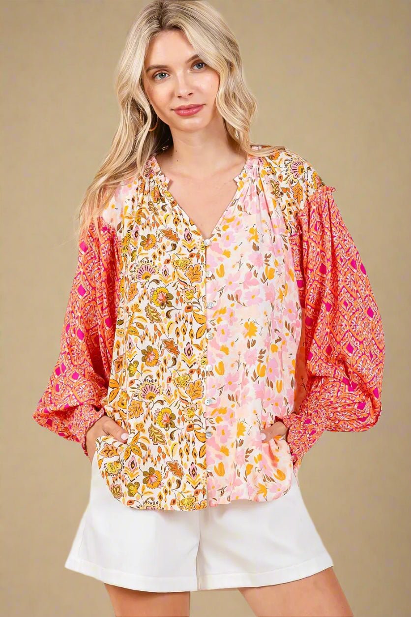 Mittoshop - Mixed Print Boho Blouse – Pink & Orange Patchwork
