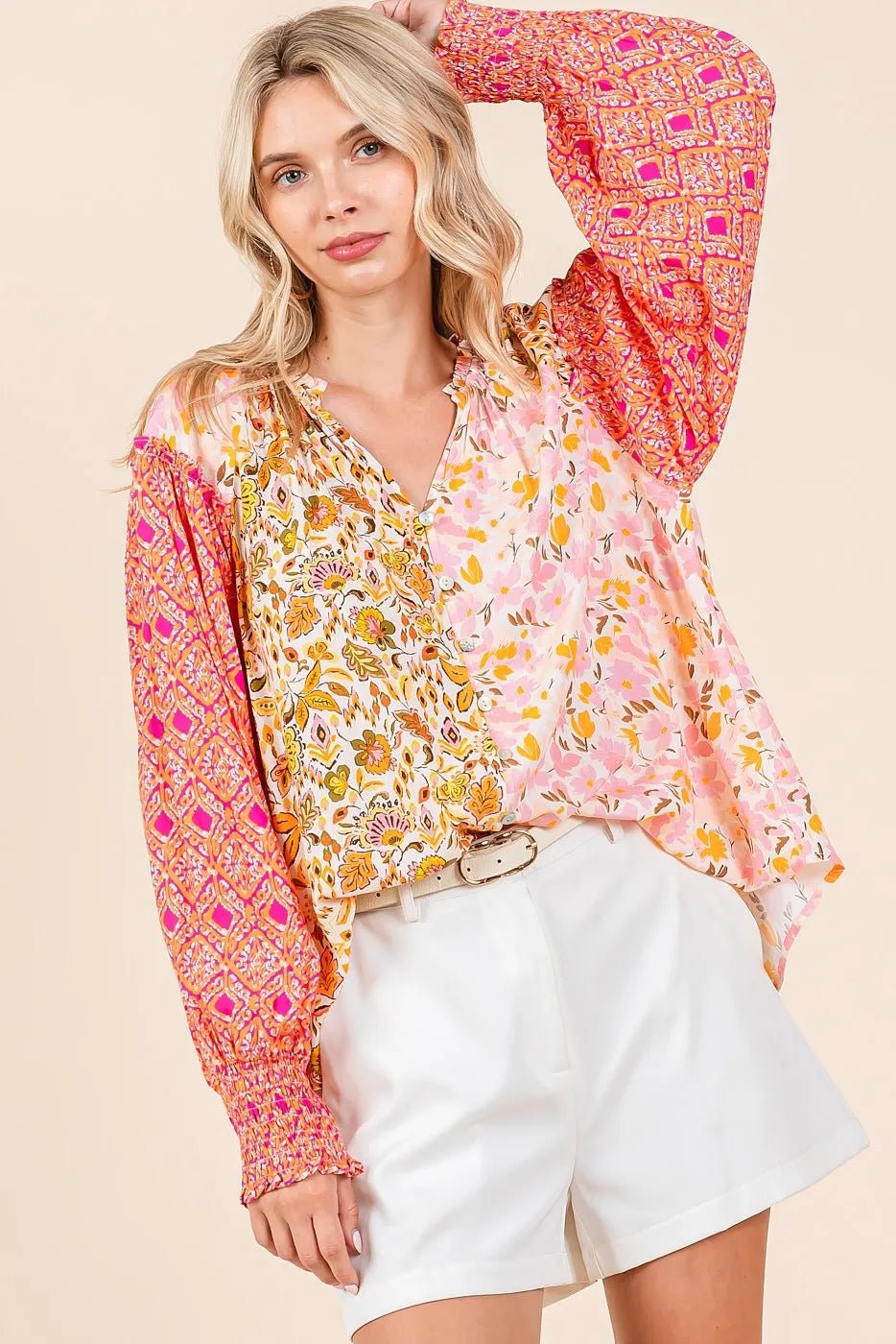 Mittoshop - Mixed Print Boho Blouse – Pink & Orange Patchwork