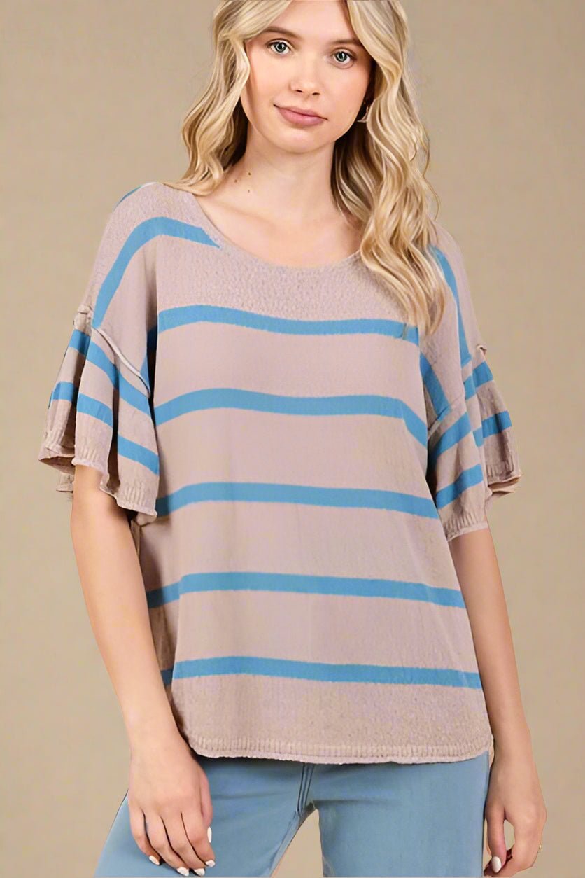 Mittoshop - Mocha & Blue Striped Flounce Sleeve Knit Top