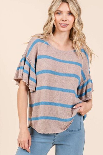 Mittoshop - Mocha & Blue Striped Flounce Sleeve Knit Top